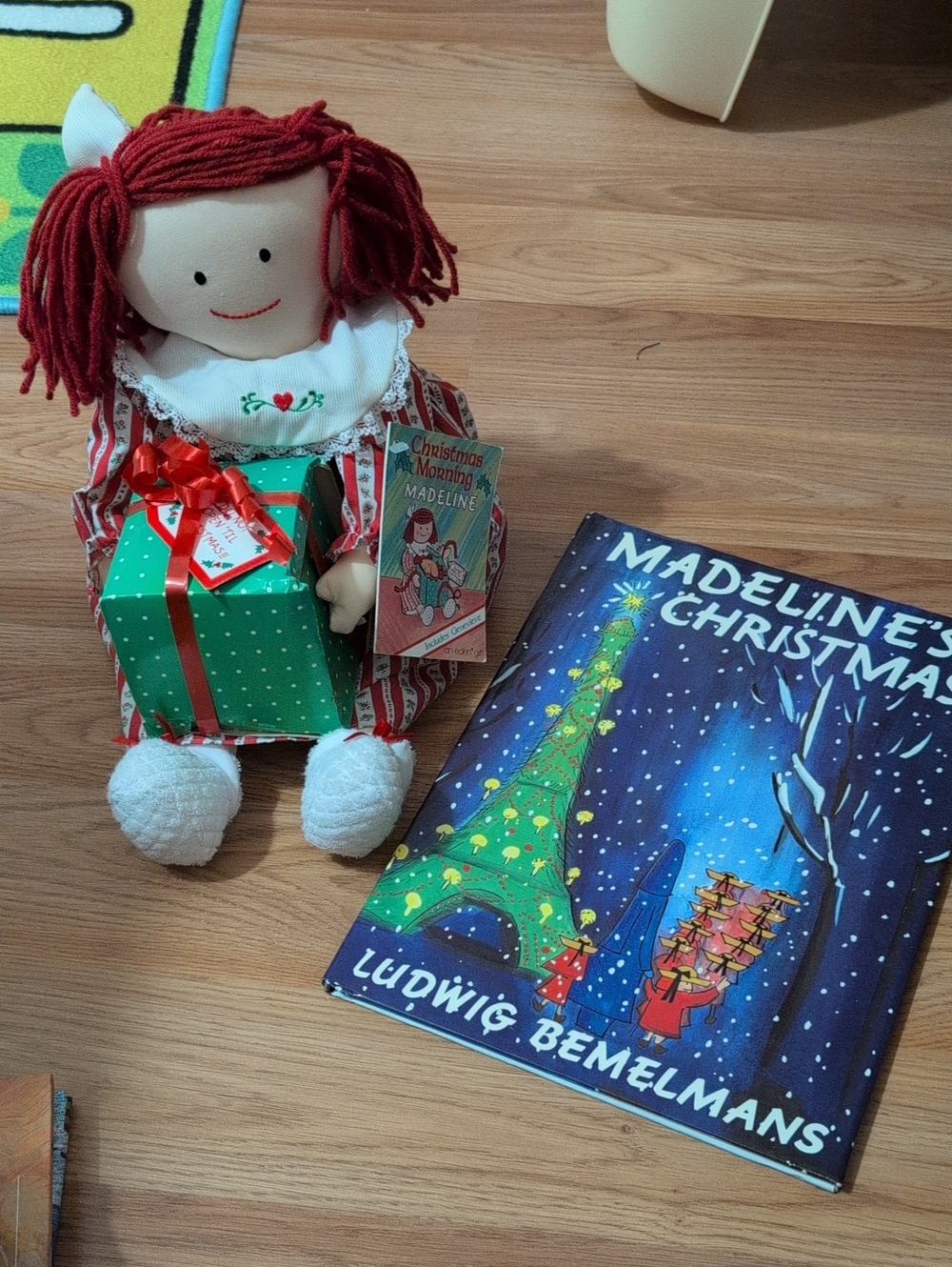 Madeline Rag Doll Holding Green Polka Dot Gift with Madeline Christmas Book